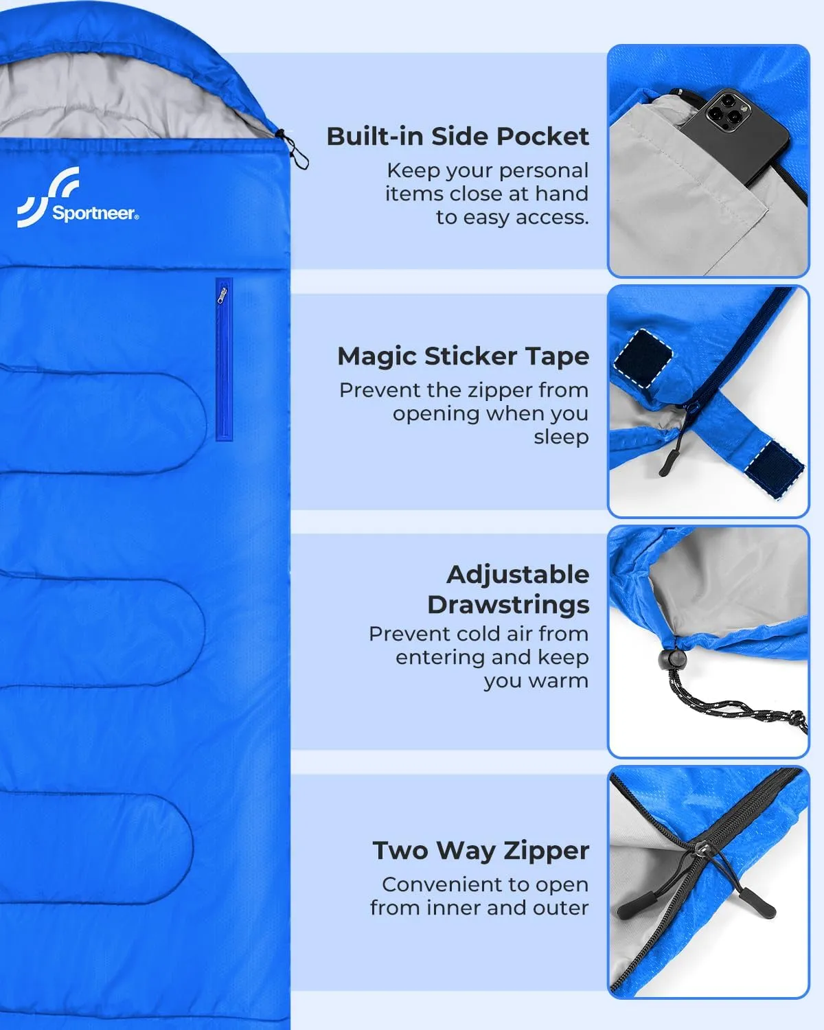 Sportneer Sleeping Bag - Wearable for Adults & Kids with Arm Zipper Holes in Cold & Warm Weather, Waterproof Portable Sleeping Bag for Camping, Hiking, Backpacking, Outdoor Travel