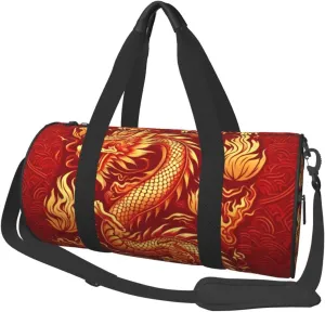 Sports Duffel Bag Asian-Dragon-Fire-Gold Foldable Travel Tote Bag Weekender Sleepover Carry On Bag