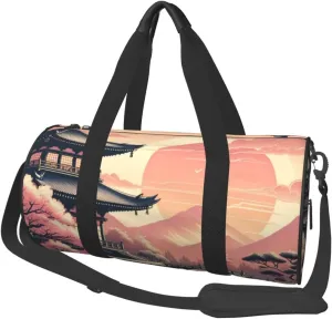 Sports Duffel Bag Japanese-Temple-Fuji-Sakura-Sunset Foldable Travel Tote Bag Weekender Sleepover Carry On Bag