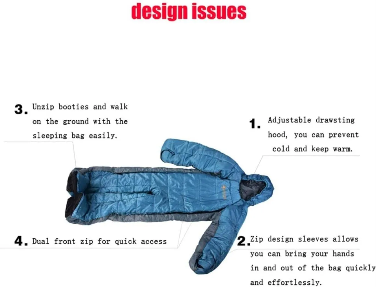 Standing 3 Season Full Body Sleeping Wear Adult Wearable Sleeping Bag Suit for Camping, for Travel Outdoor Hiking,Human Shaped,Zipper Design