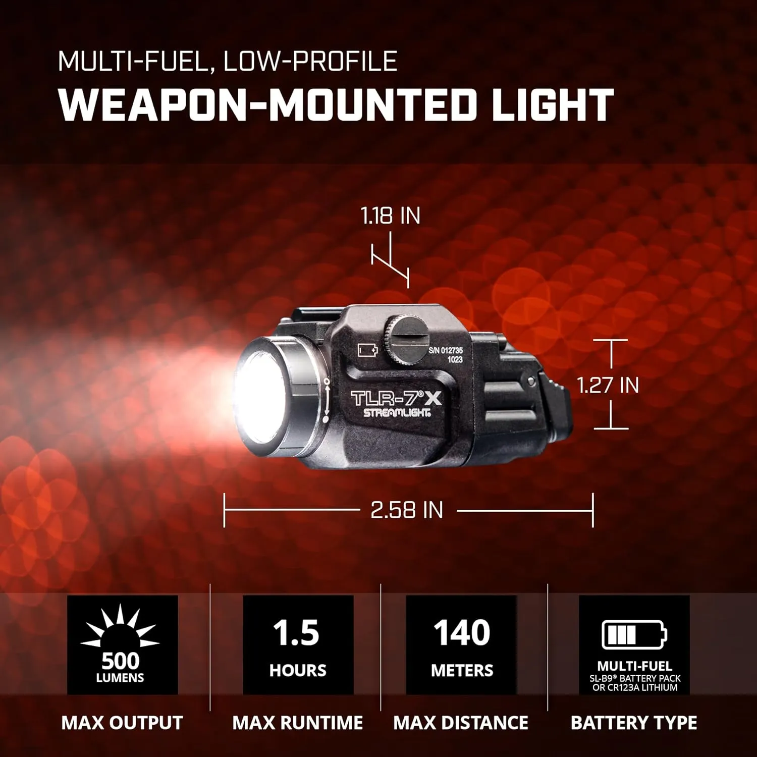 Streamlight 69455 TLR-7 X USB 500-Lumen Compact Tactical Weapon Light with High & Low Paddle Switches and Key Kit, Black