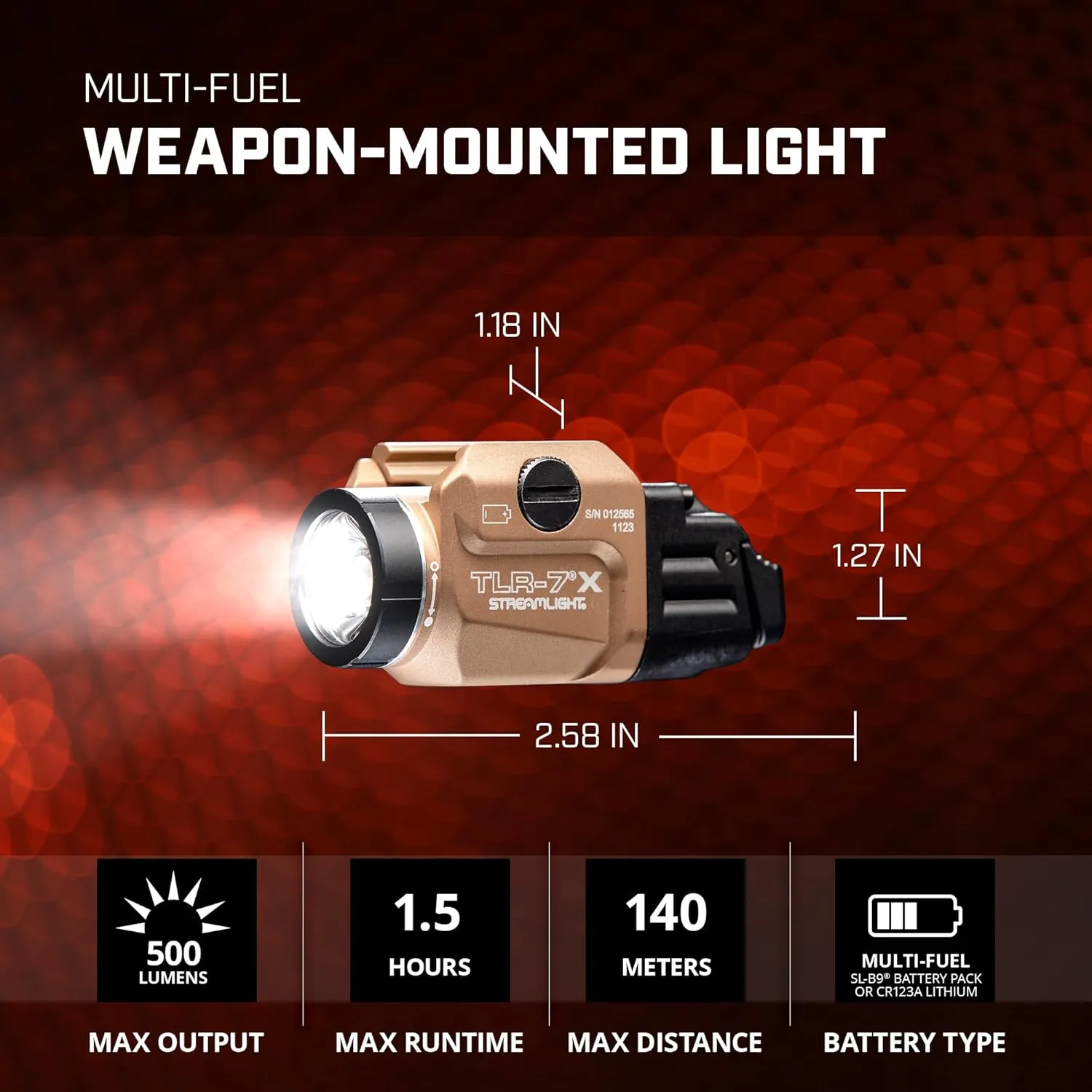 Streamlight 69456 TLR-7 X USB 500-Lumen Compact Tactical Weapon Light with High & Low Paddle Switches and Key Kit, Flat Dark Earth