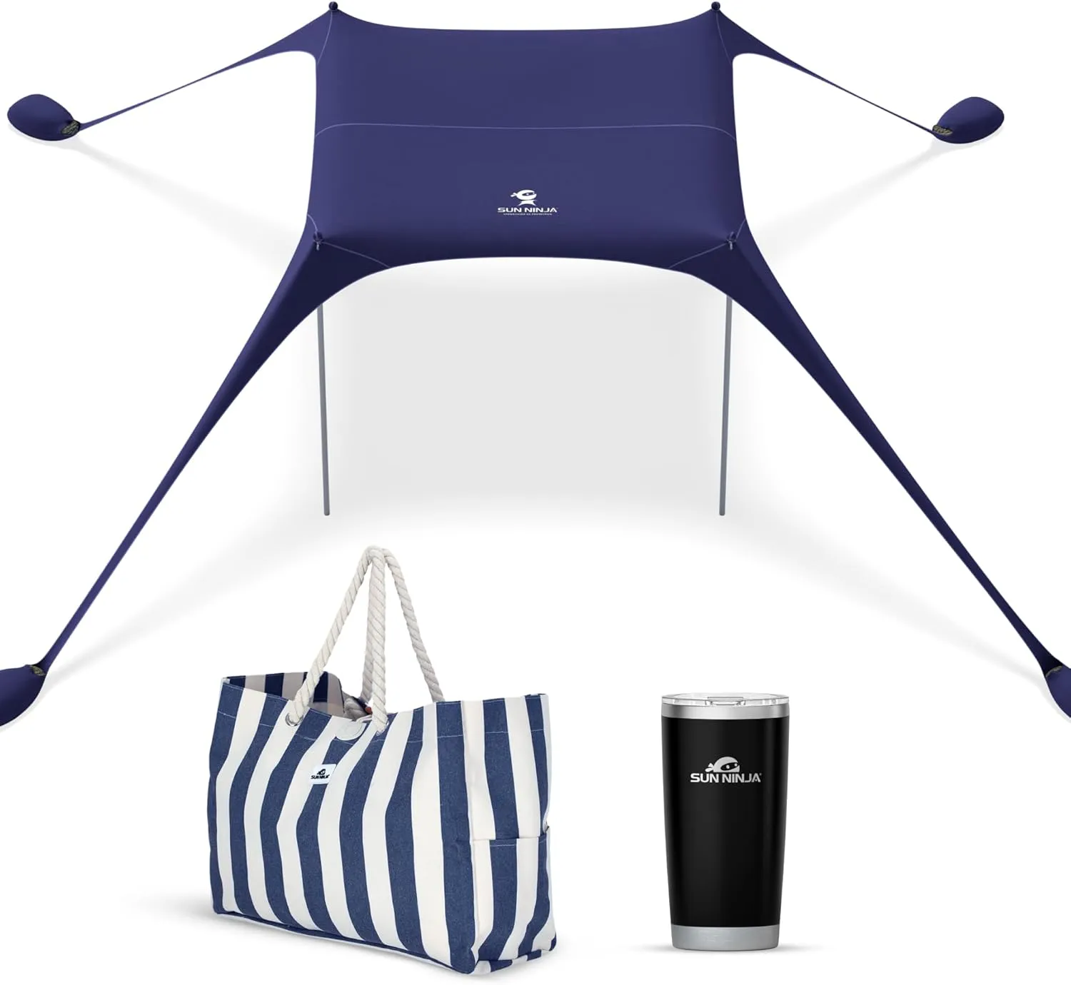 SUN NINJA Beach Tent Bundle with XL Beach Tote and 20oz Tumbler, UPF 50  Sun Protection, Easy Setup, Portable, Spacious & Organized, Refreshing Drinks All Day - Beach Essentials