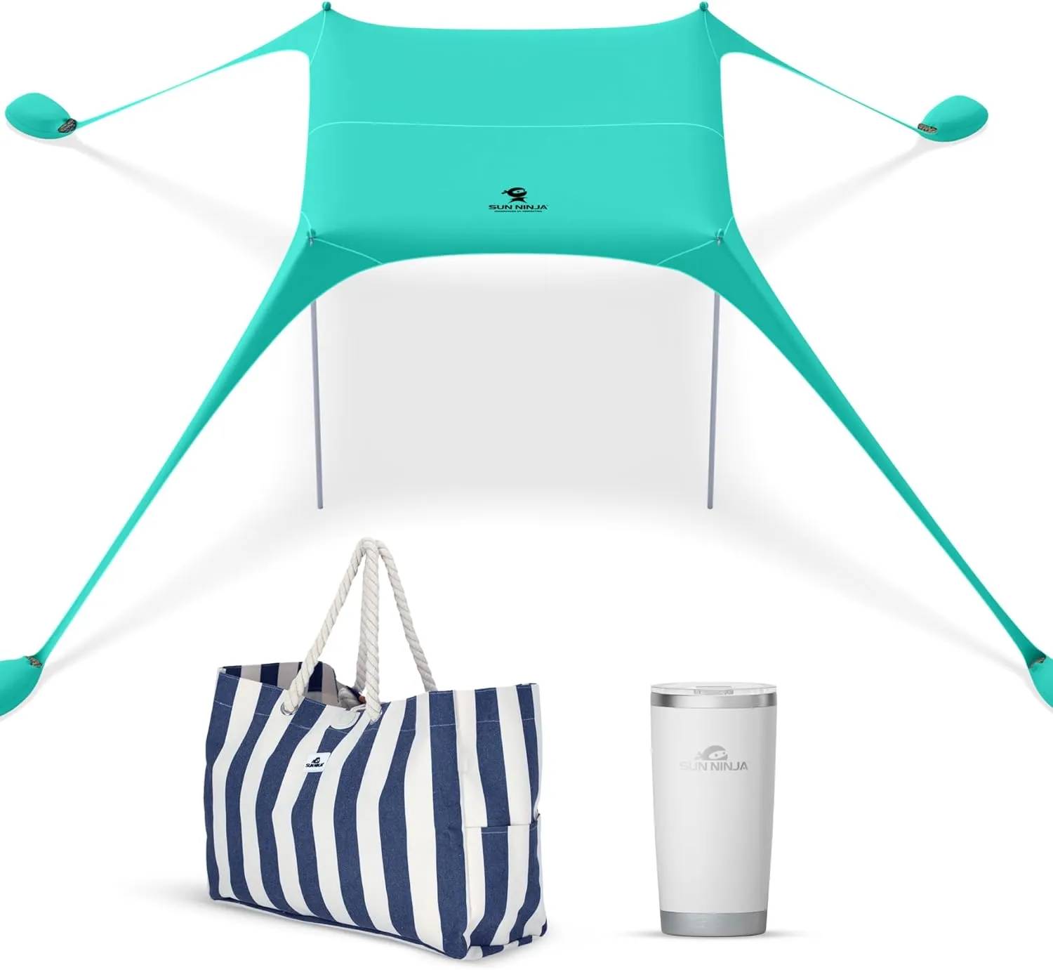 SUN NINJA Beach Tent Bundle with XL Beach Tote and 20oz Tumbler, UPF 50  Sun Protection, Easy Setup, Portable, Spacious & Organized, Refreshing Drinks All Day - Beach Essentials