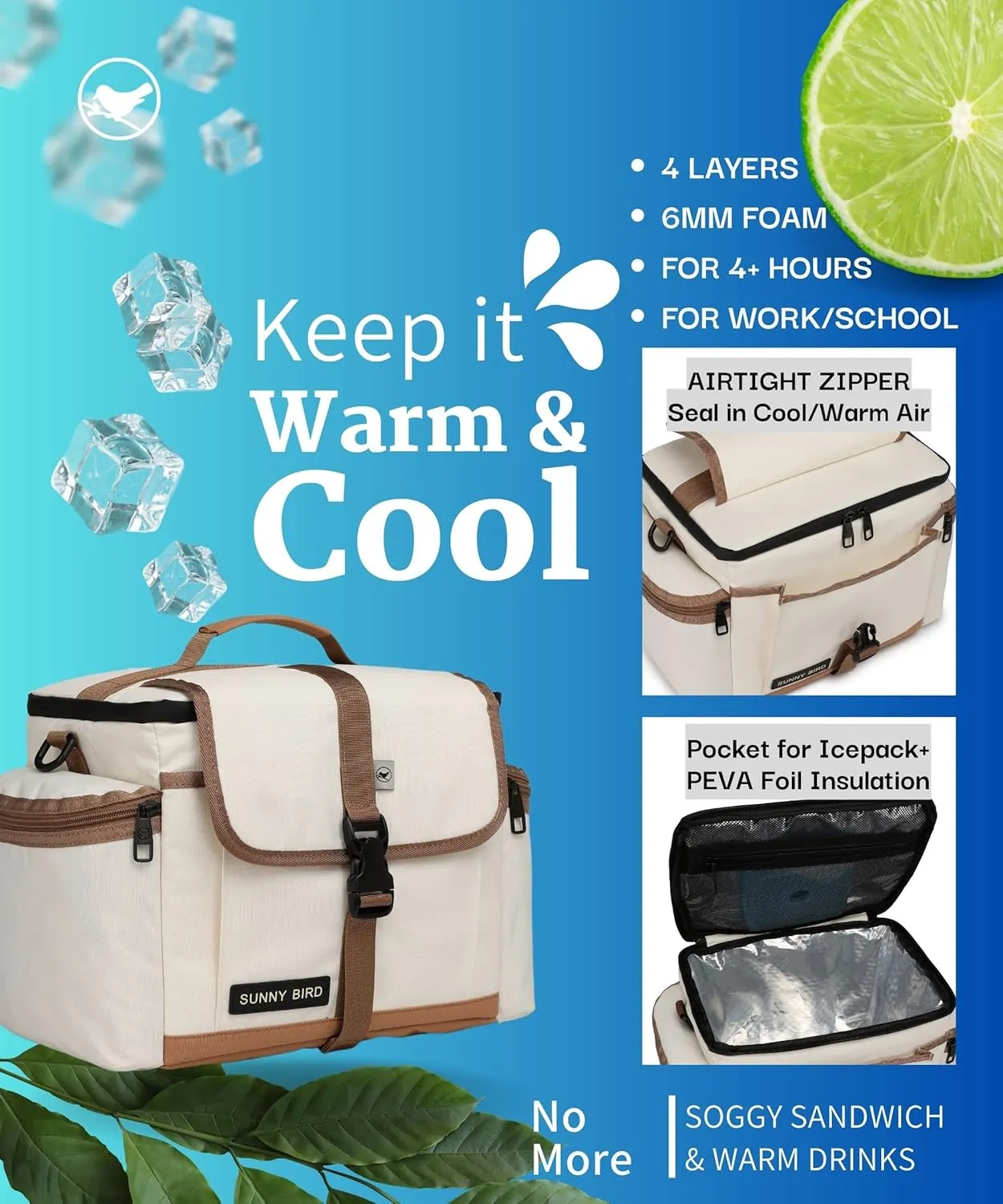SUNNY BIRD 15L Insulated Lunch Bag with Foldable and Leakproof Design, Thermally Insulated, Shoulder Strap for Women, Men (Classic Ivory)