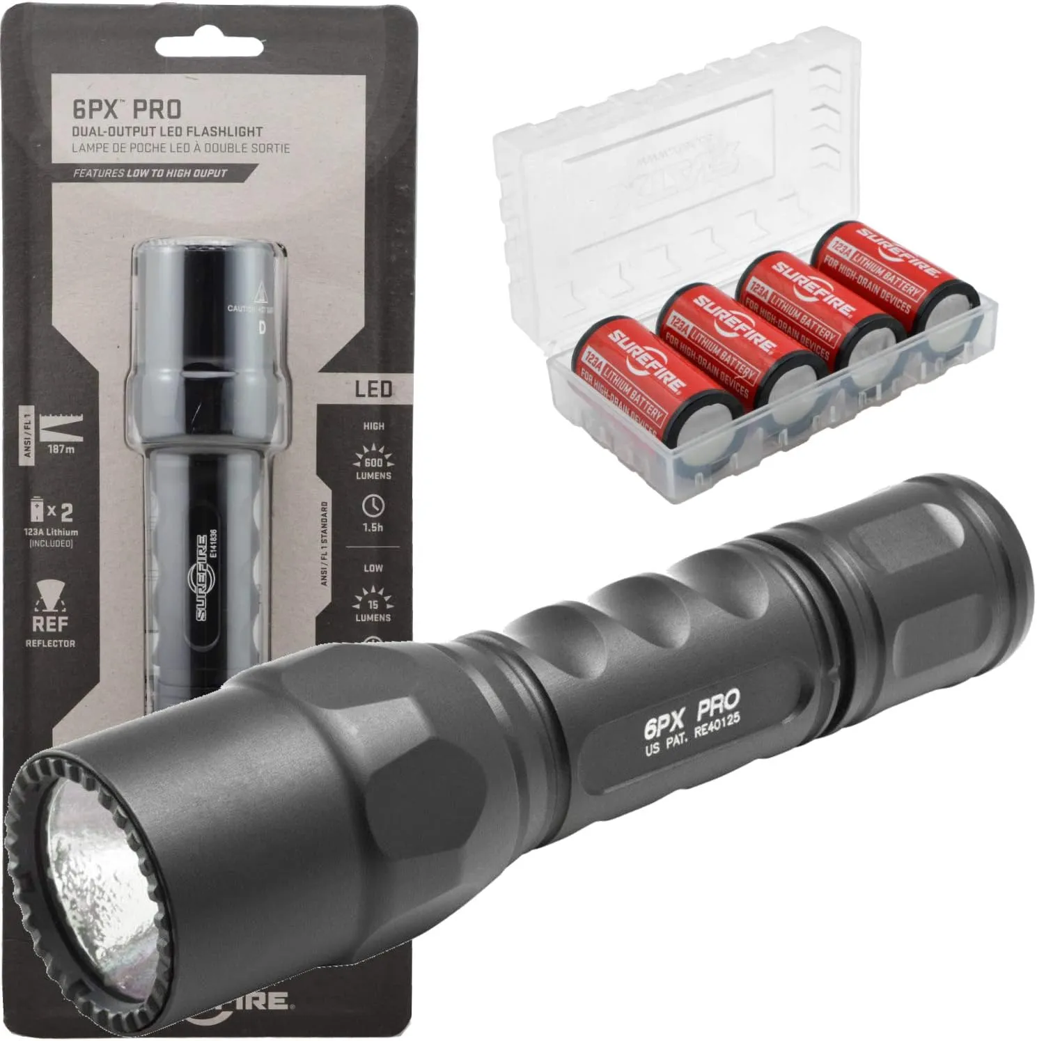 SureFire 6PX Pro 600 Lumen Tactical EDC Flashlight Bundle with 4x Extra CR123A Batteries and Lightjunction Battery Case