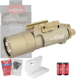 SureFire X300T-A Turbo Tan Weapon Light High Output LED Bundle (650 Lumens) - Two 123A Batteries and Battery Box - X300 Turbo Light A Pistol Light for Defense, Easy Switch Mount System