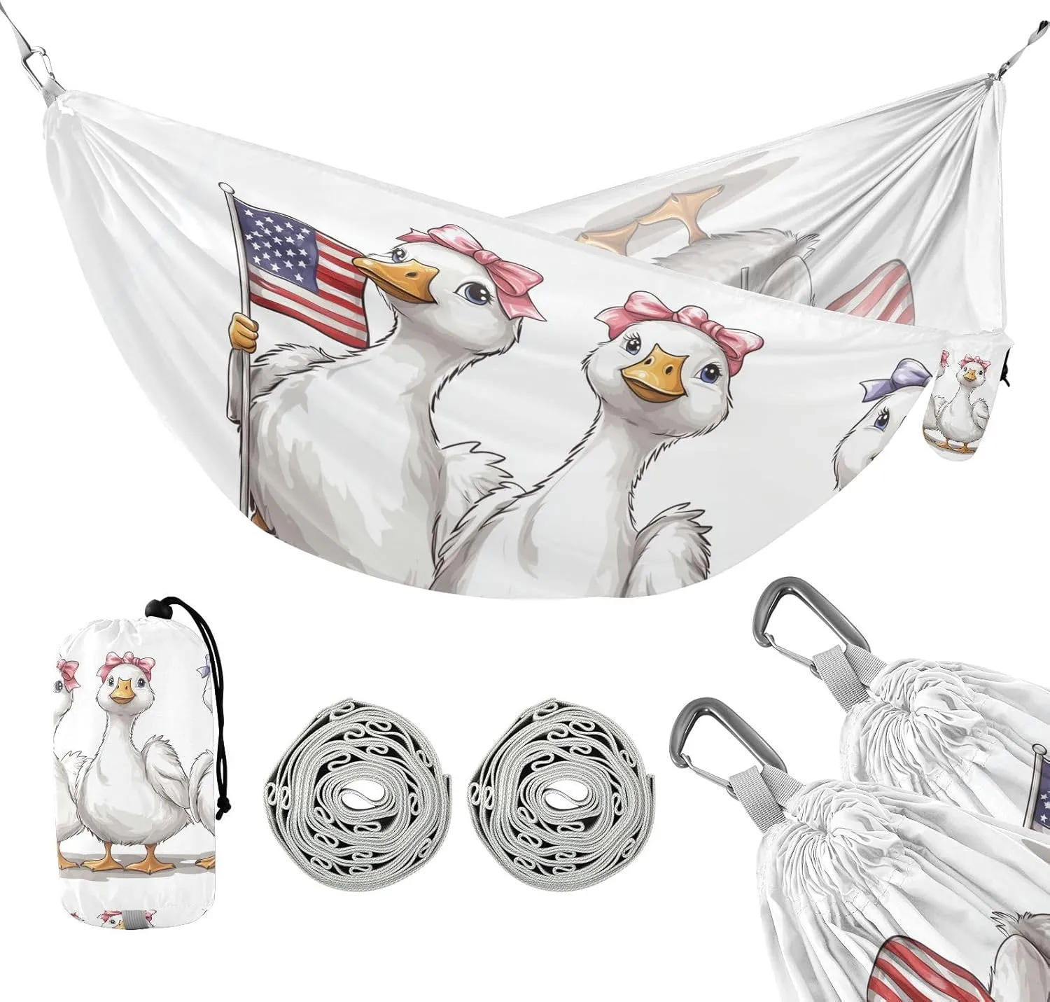 susiyo Portable Camping Hammock White Geese Patriotic Printed Lightweight Hammock Comfortable Travel Swing with Tree Straps for Camping Hiking Backpacking Travel or Beach - Up to 330lbs