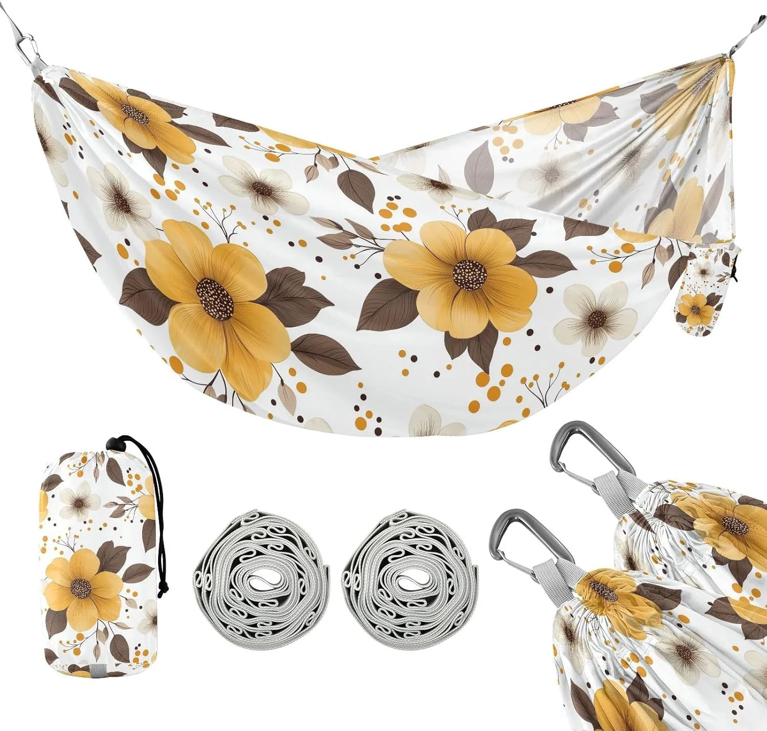 susiyo Portable Camping Hammock Yellow Large Flowers Printed Lightweight Hammock Comfortable Travel Swing with Tree Straps for Camping Hiking Backpacking Travel or Beach - Up to 330lbs