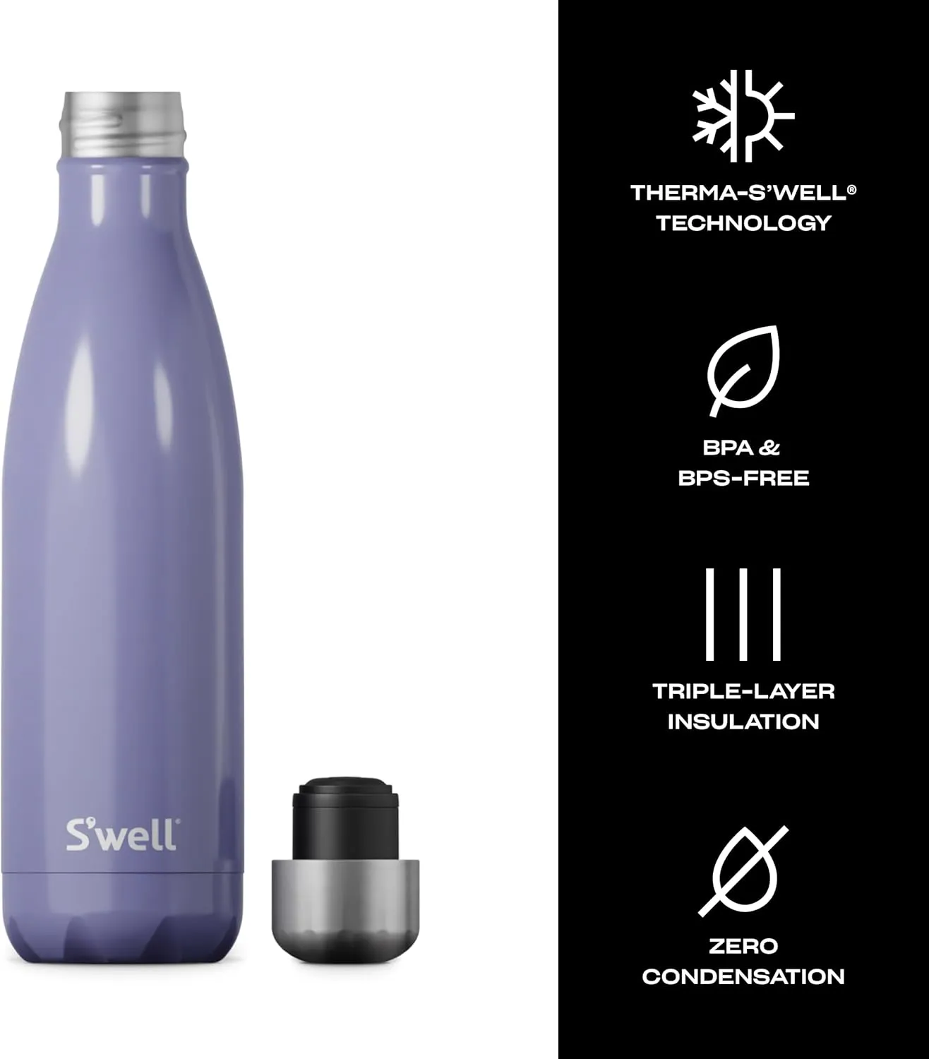 S'well Stainless Steel Water Bottle, 17oz, Hillside Lavender, Triple Layered Vacuum Insulated Containers Keeps Drinks Cold for 36 Hours and Hot for 18, BPA Free, Perfect for On the Go