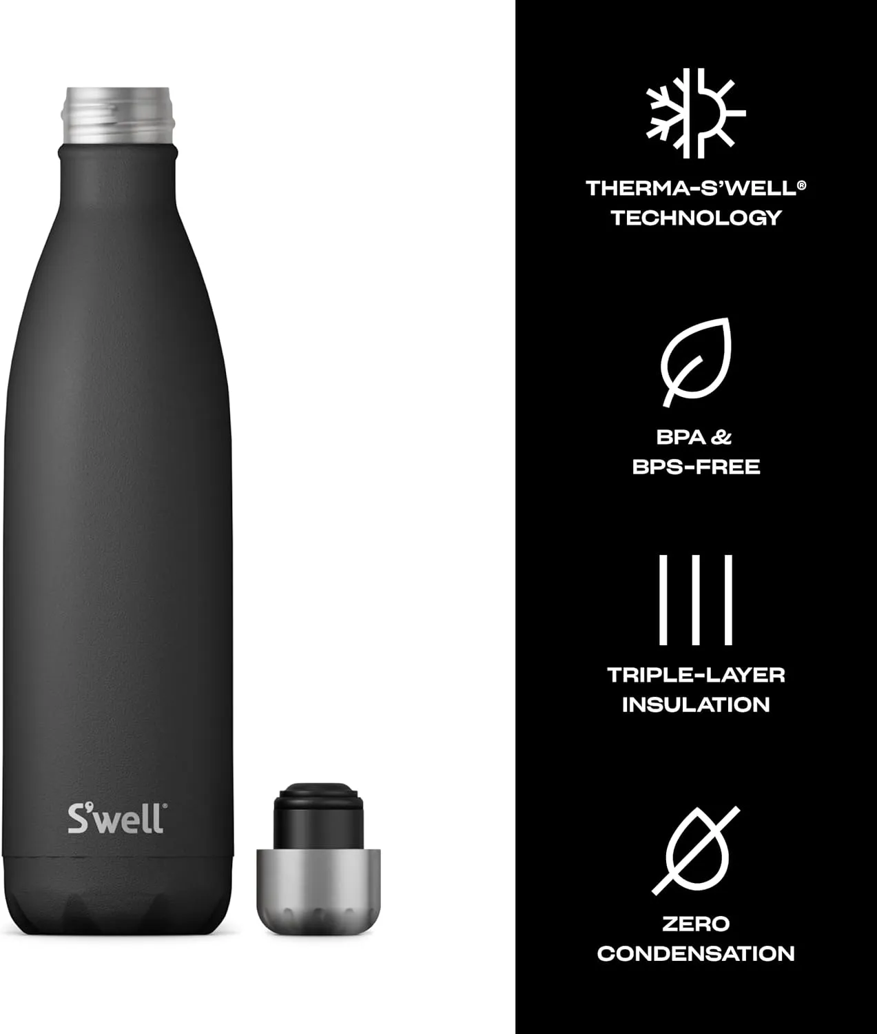 S'well Stainless Steel Water Bottle, 25oz, Onyx, Triple Layered Vacuum Insulated Containers Keeps Drinks Cold for 48 Hours and Hot for 24, BPA Free, Perfect for On the Go