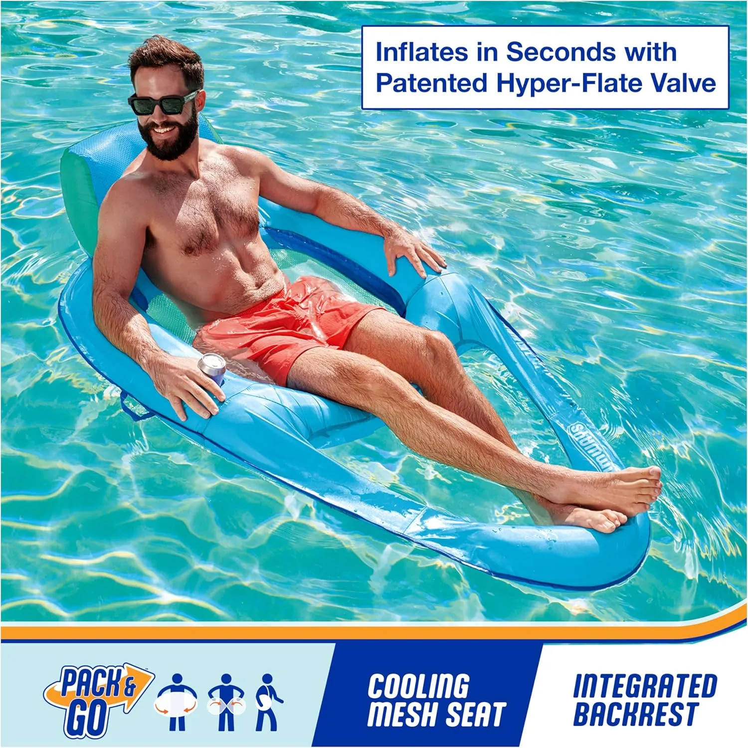 SwimWays Spring Float Premium Recliner Pool Lounger with Hyper-Flate Valve, Inflatable Pool Float