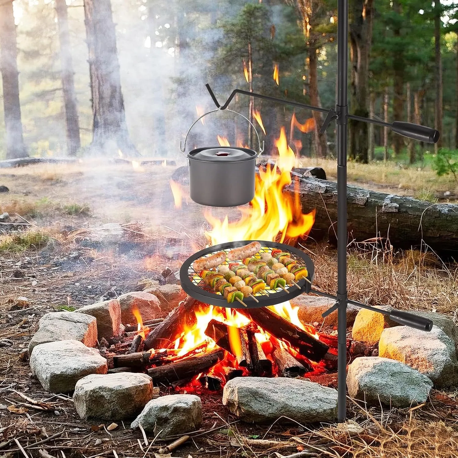 Swivel Campfire Grill With Carrying Bag Heavy Duty Steel Grate Fire Pit Grill Grate Over Fire Pits 360° Adjustable Open Fire Outdoor Cooking Equipment Portable Camp Fire Racks for Camping Outdoor BBQ