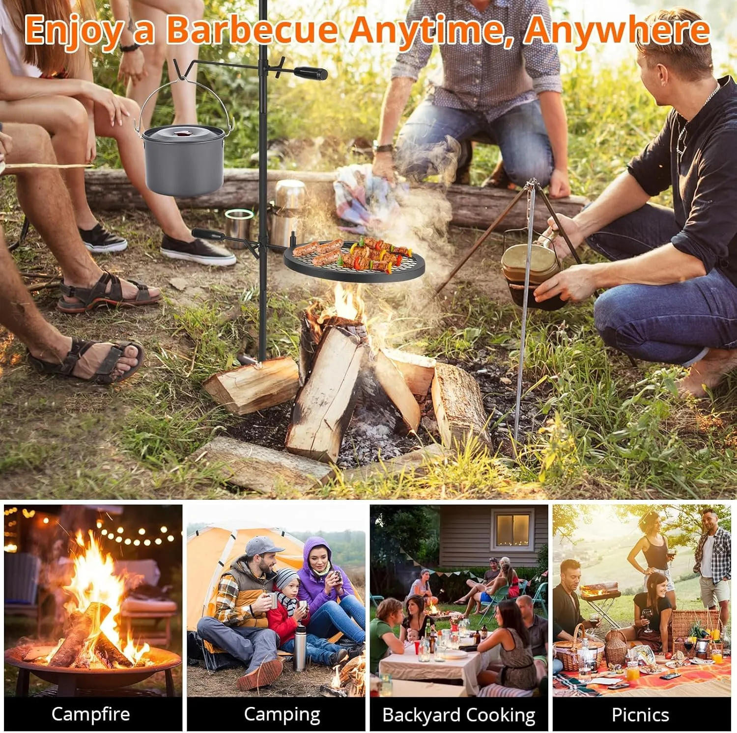 Swivel Campfire Grill With Carrying Bag Heavy Duty Steel Grate Fire Pit Grill Grate Over Fire Pits 360° Adjustable Open Fire Outdoor Cooking Equipment Portable Camp Fire Racks for Camping Outdoor BBQ