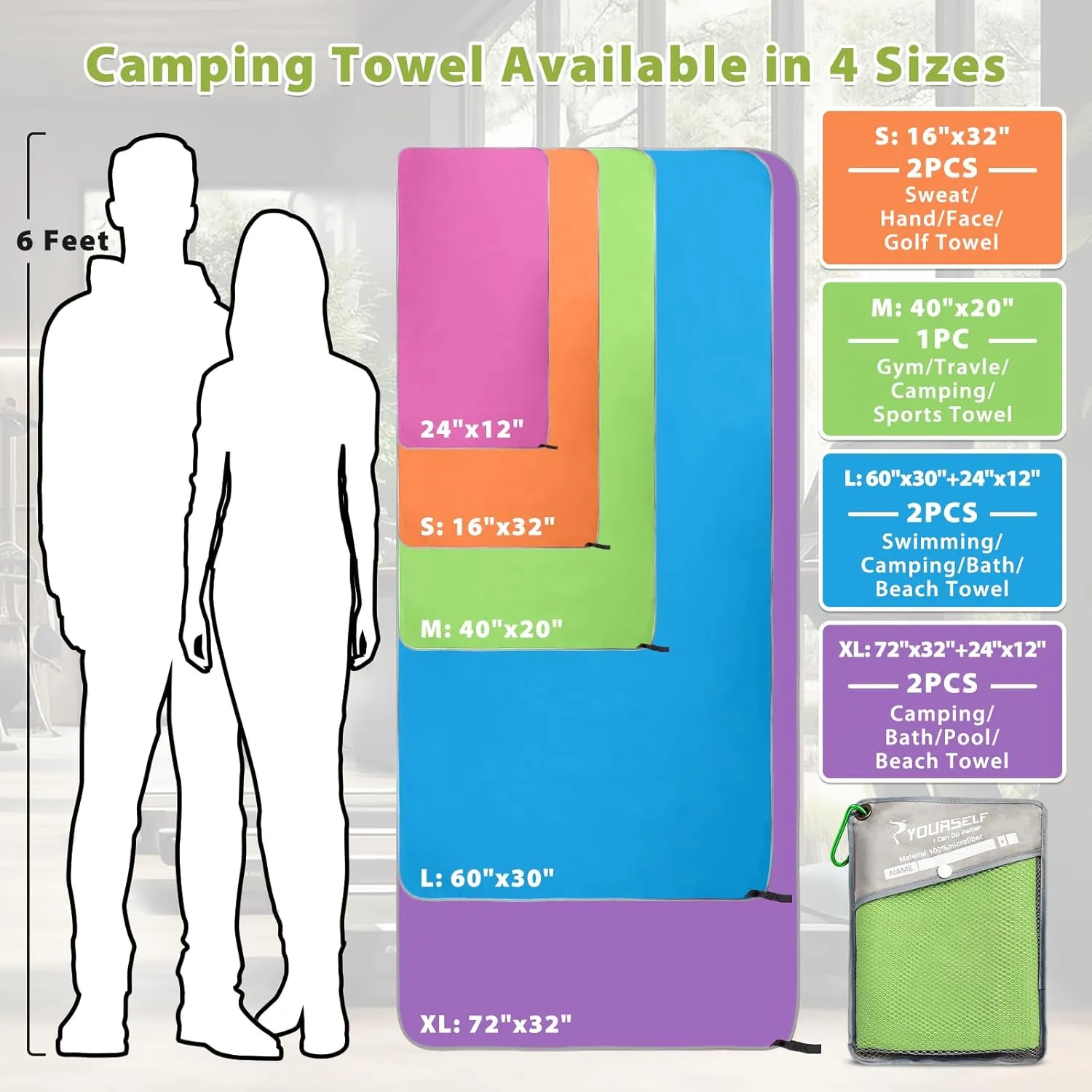 SYOURSELF 2 Pack Microfiber Camping Towel, Quick Dry Towel, Soft Absorbent Compact Travel Gym Workout Sweat Towel for Beach Yoga Swim Travel Camping Hiking Backpack Essentials (XL:72"x32" 12"x24")