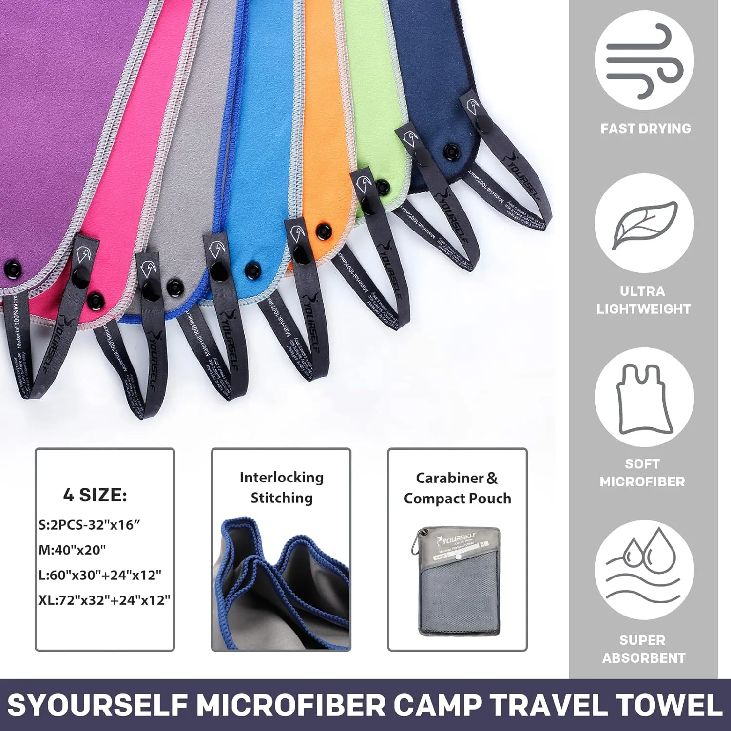 SYOURSELF 2 Pack Microfiber Camping Towel, Quick Dry Towel, Soft Absorbent Compact Travel Gym Workout Sweat Towel for Beach Yoga Swim Travel Camping Hiking Backpack Essentials (XL:72"x32" 12"x24")