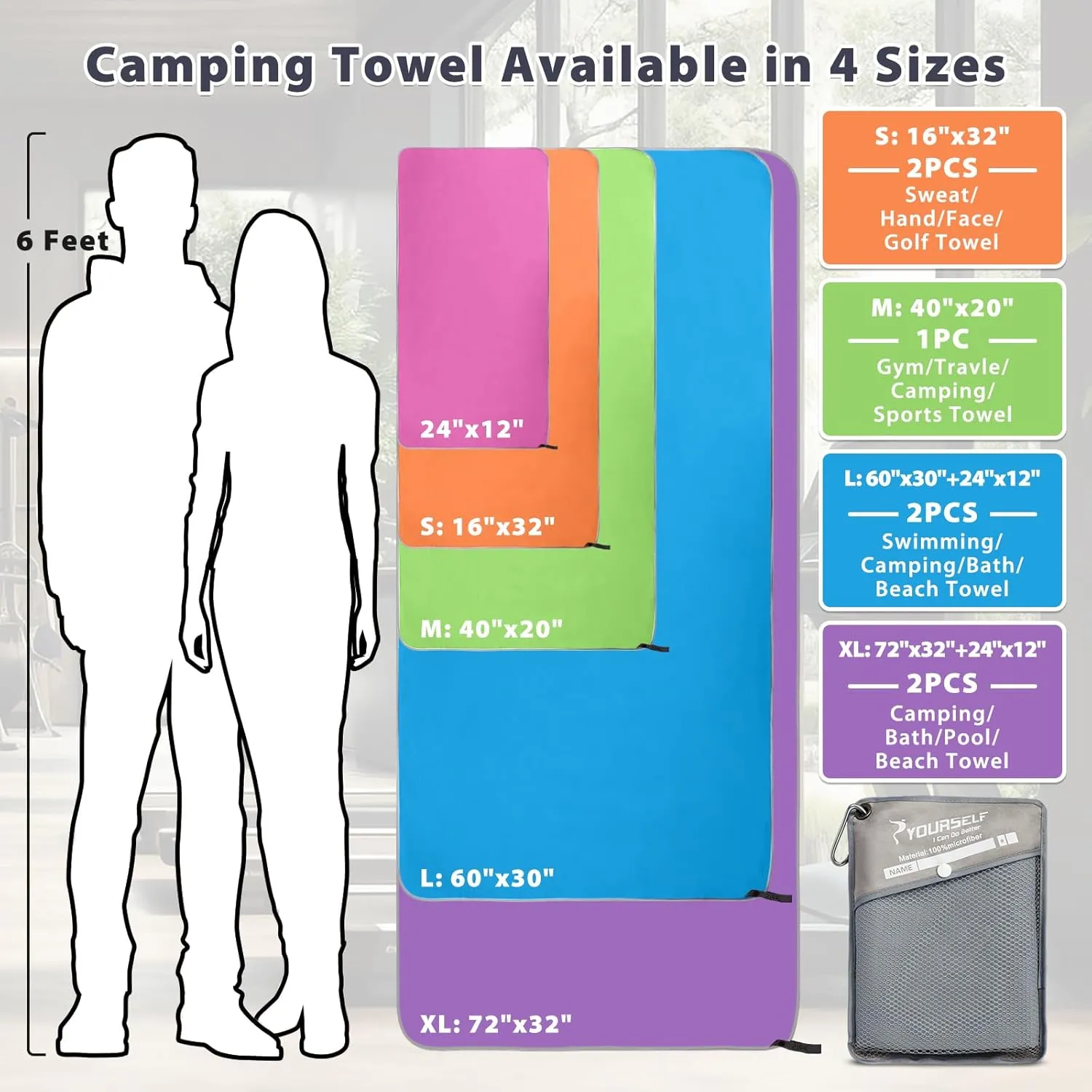 SYOURSELF 2 Pack Microfiber Camping Towel, Quick Dry Towel, Soft Absorbent Compact Travel Gym Workout Sweat Towel for Beach Yoga Swim Travel Camping Hiking Backpack Essentials (XL:72"x32" 12"x24")