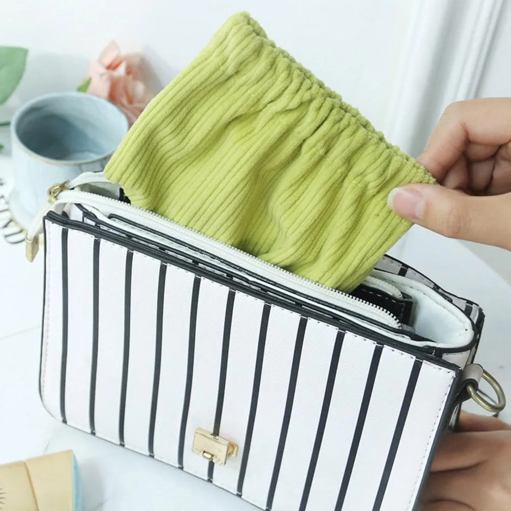 SZELL Pocket Cosmetic Bag Corduroy Elastic Self-Closing Pouches Waterproof Coin Purse for Makeup Lipstick Earphones Jewelry Organizer (Green)