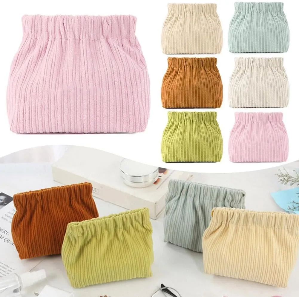 SZELL Pocket Cosmetic Bag Corduroy Elastic Self-Closing Pouches Waterproof Coin Purse for Makeup Lipstick Earphones Jewelry Organizer (Green)