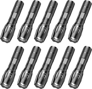 Tactical Flashlights 10 Pack, Bright Zoomable LED Flashlights with High Lumens and 5 Modes, Waterproof Portable Pocket Flash Light for Emergency, Camping, and Outdoor Use