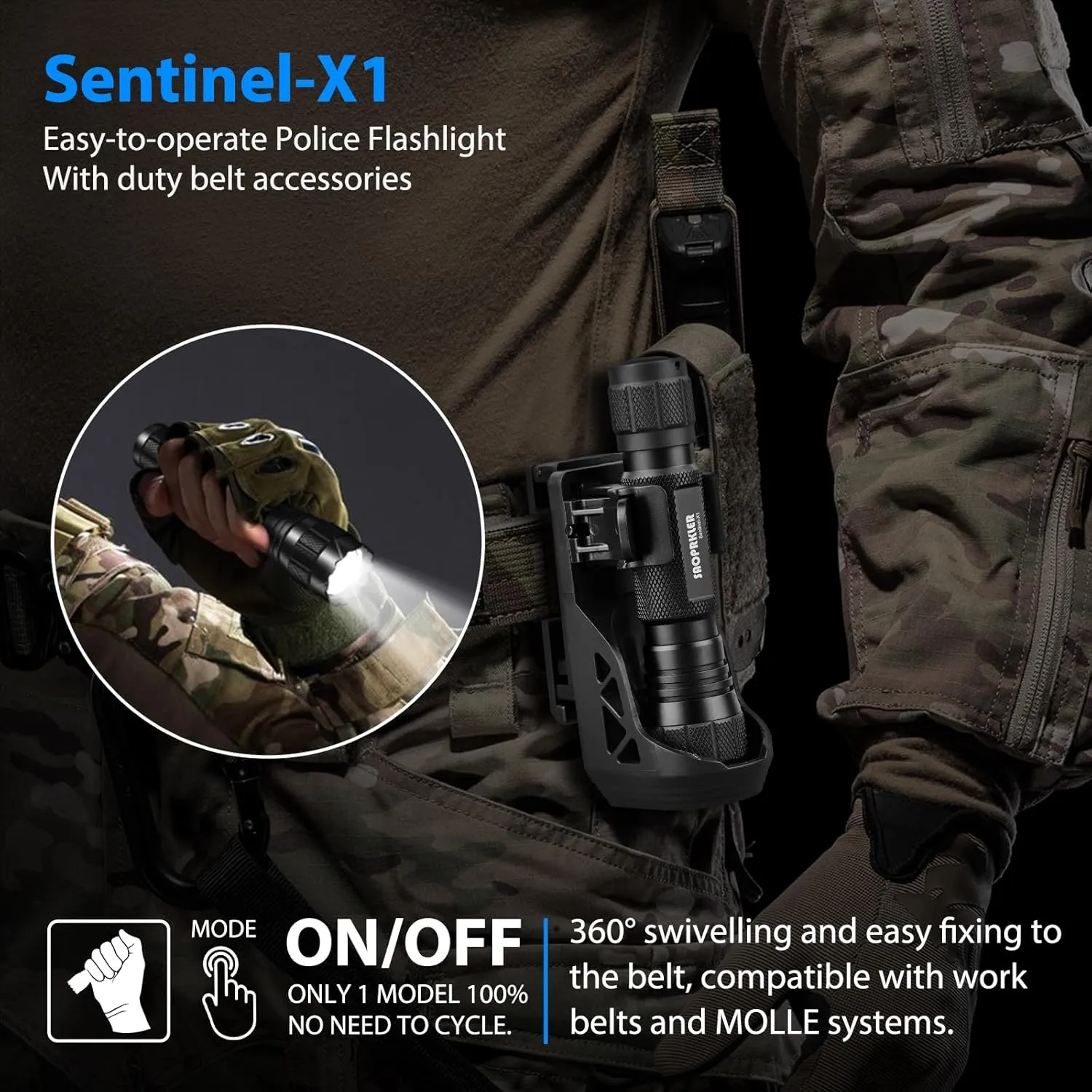 Tactical Flashlights High Lumen-Police 1200 LM Flashlight with Holster for Duty Belt,Single Mode LED Flashlight for Camping/Law Enforcement-Sentinel-X1