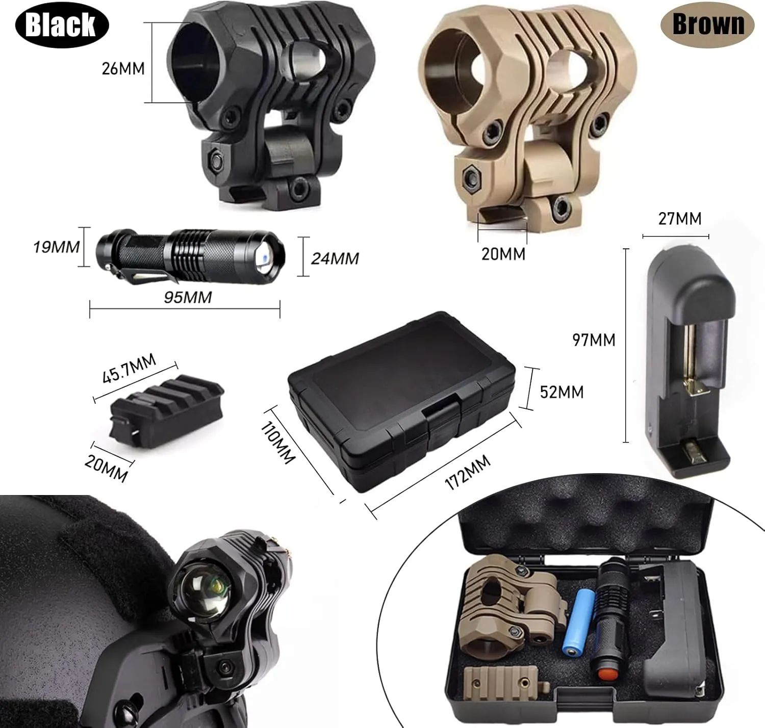 Tactical Helmet ARC Rail Light with Mount LED Mini Zoomable Helmet Flashlight with Strobe/Strong/Low Lamp 200 Lumens, Pocket Pen Flashlight with 20mm Picatinny Rail Mount Storage box Charger (Black)