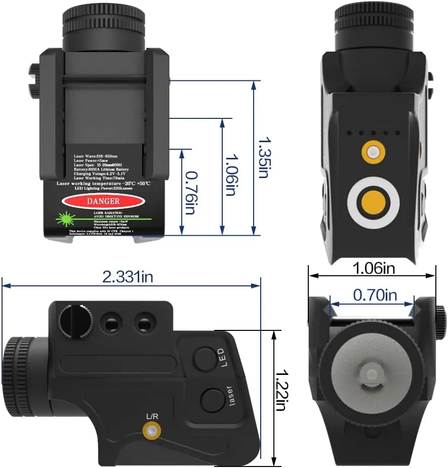 Tactical Sub Compact Rail Mount Laser Sight with High Lumen Flashlight Light Integrated Combo, Built-in USB Magnetic Touch Rechargeable Battery Accessory