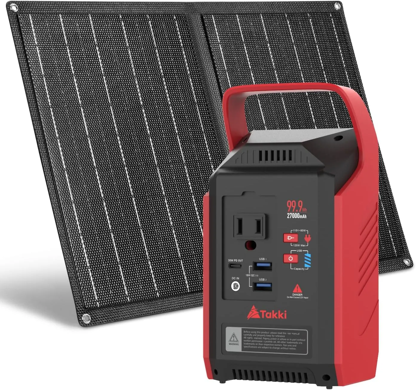 Takki 99Wh Solar Generator with 21W Solar Panels Set Included, Peak 120W Portable Power Station with 110V AC Outlet for Camping Outdoor Emergency Home