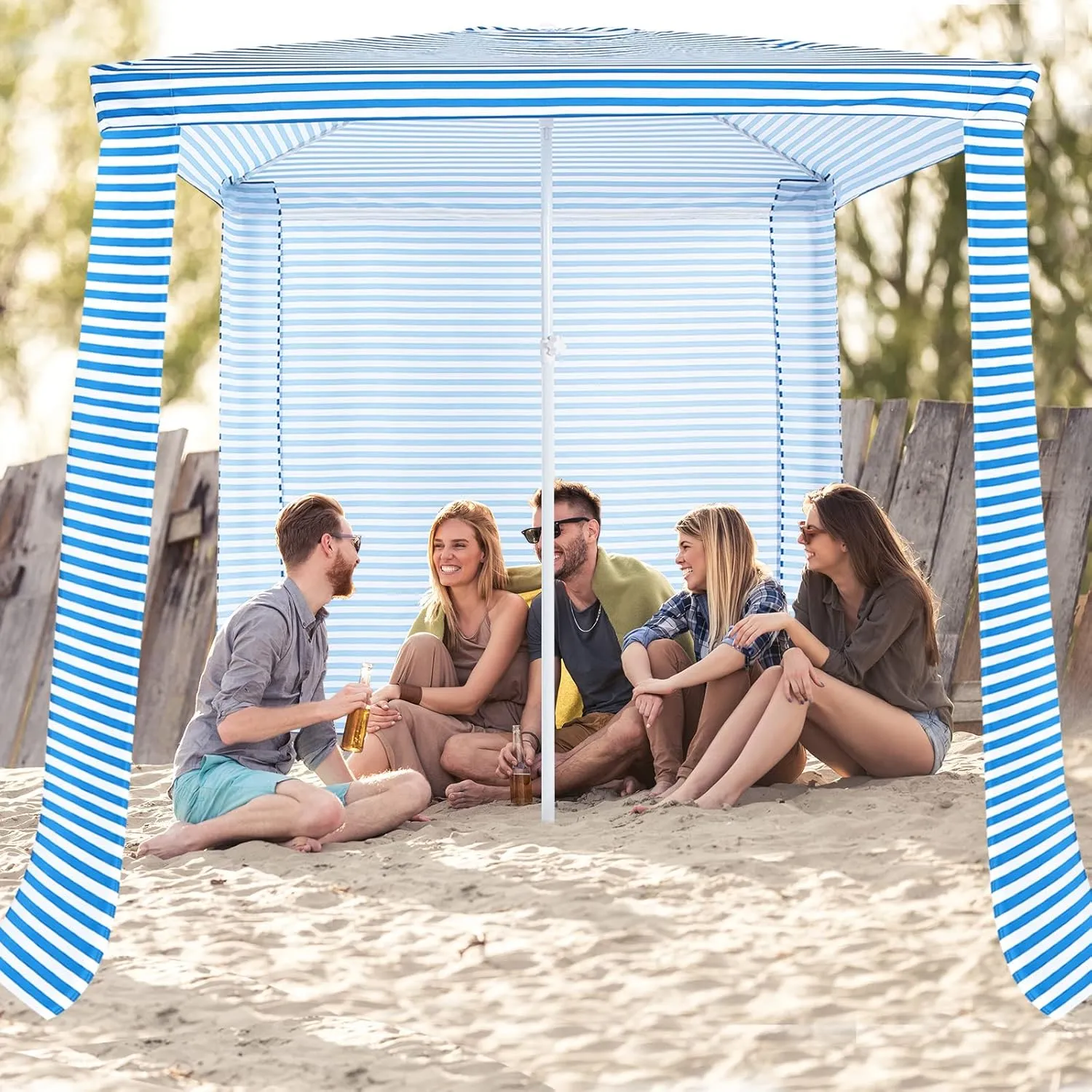 Tangkula 6.7'x6.8' Foldable Beach Cabana, Easy Set-up Portable Beach Tent with Carry Bag, Detachable Side Wall, 4 Sandbags, Wind Vent, Sun-Protection Outdoor Beach Umbrella Shelter for Family
