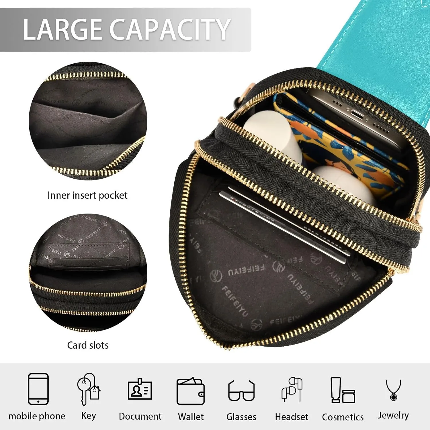 Teal Sling Bag for Women Men Fanny Packs Small Crossbody Bags for Women Leather Belt Bag Crossbody Purse Waterproof Chest Bag for Travel Sports Running Hiking
