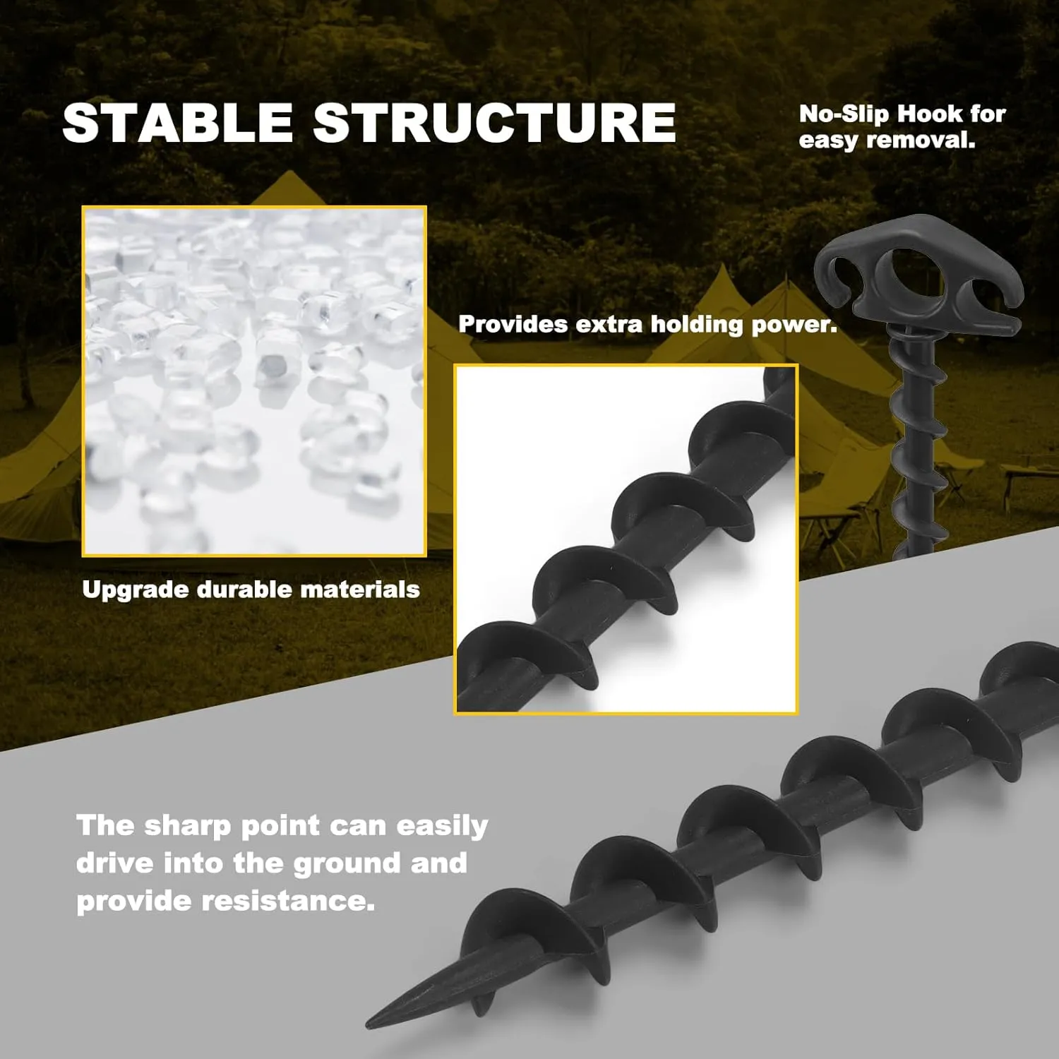 Tent Stakes Sand Stakes for Beach Tent 16 Pack Spiral Anchor Stakes 9.4 Inch Heavy Duty Screw Canopy Stakes for Camping, Hiking and More (16, Black)