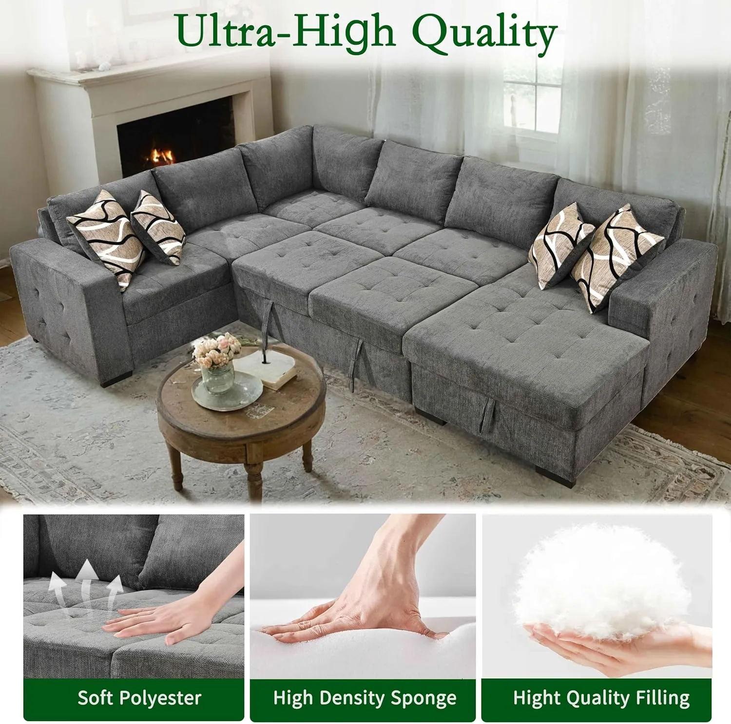 THSUPER 123'' Chenille Sectional Sleeper Sofa Couch with Pull Out Bed, 6 Seater U Shaped Oversized Sleeper Sectional Sofas Couches with Storage Chaise for Living Room, Dark Gray