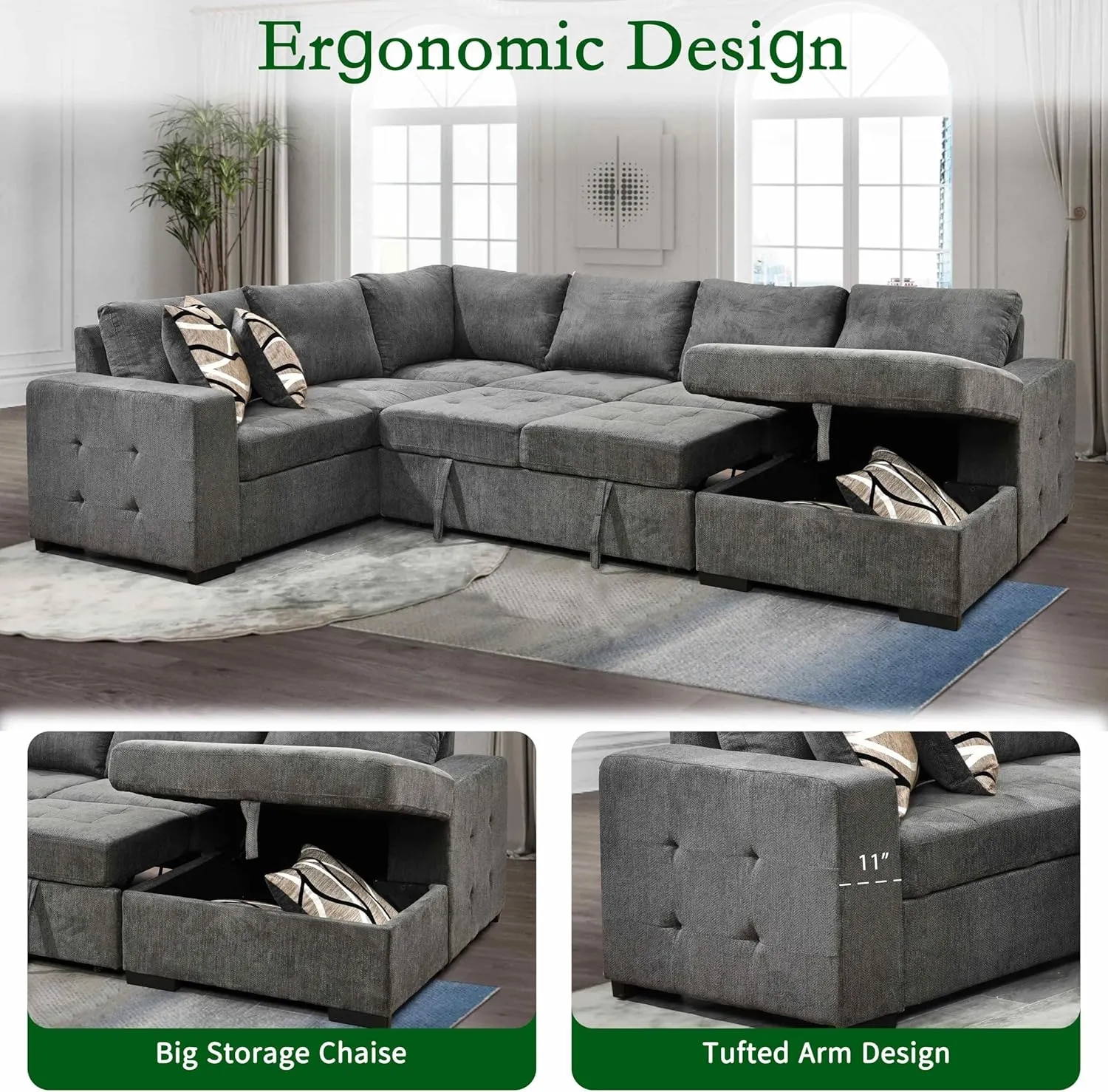 THSUPER 123'' Chenille Sectional Sleeper Sofa Couch with Pull Out Bed, 6 Seater U Shaped Oversized Sleeper Sectional Sofas Couches with Storage Chaise for Living Room, Dark Gray