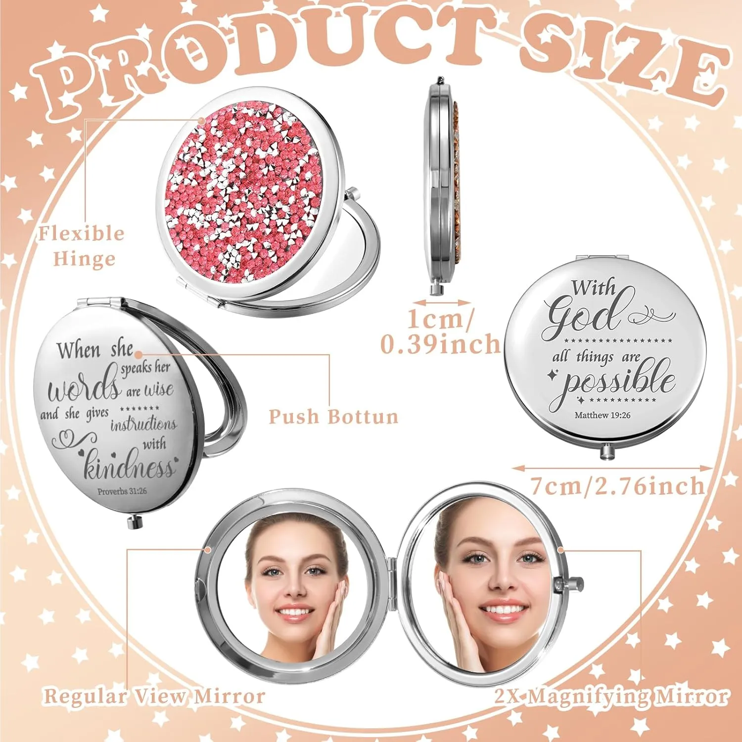 Thyle 12 Pcs Christian Compact Mirror Gifts for Women Bible Verse Bulk Hand Makeup Compact Purse Mirror Inspirational Religious Baptism Gift for Women Nurse CNA Week(Pink)