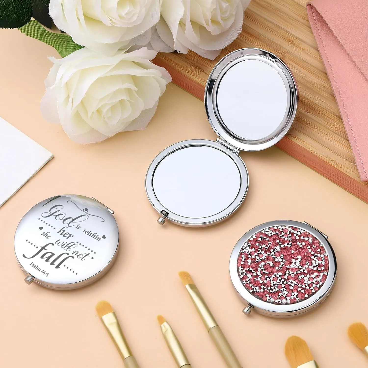Thyle 12 Pcs Christian Compact Mirror Gifts for Women Bible Verse Bulk Hand Makeup Compact Purse Mirror Inspirational Religious Baptism Gift for Women Nurse CNA Week(Pink)