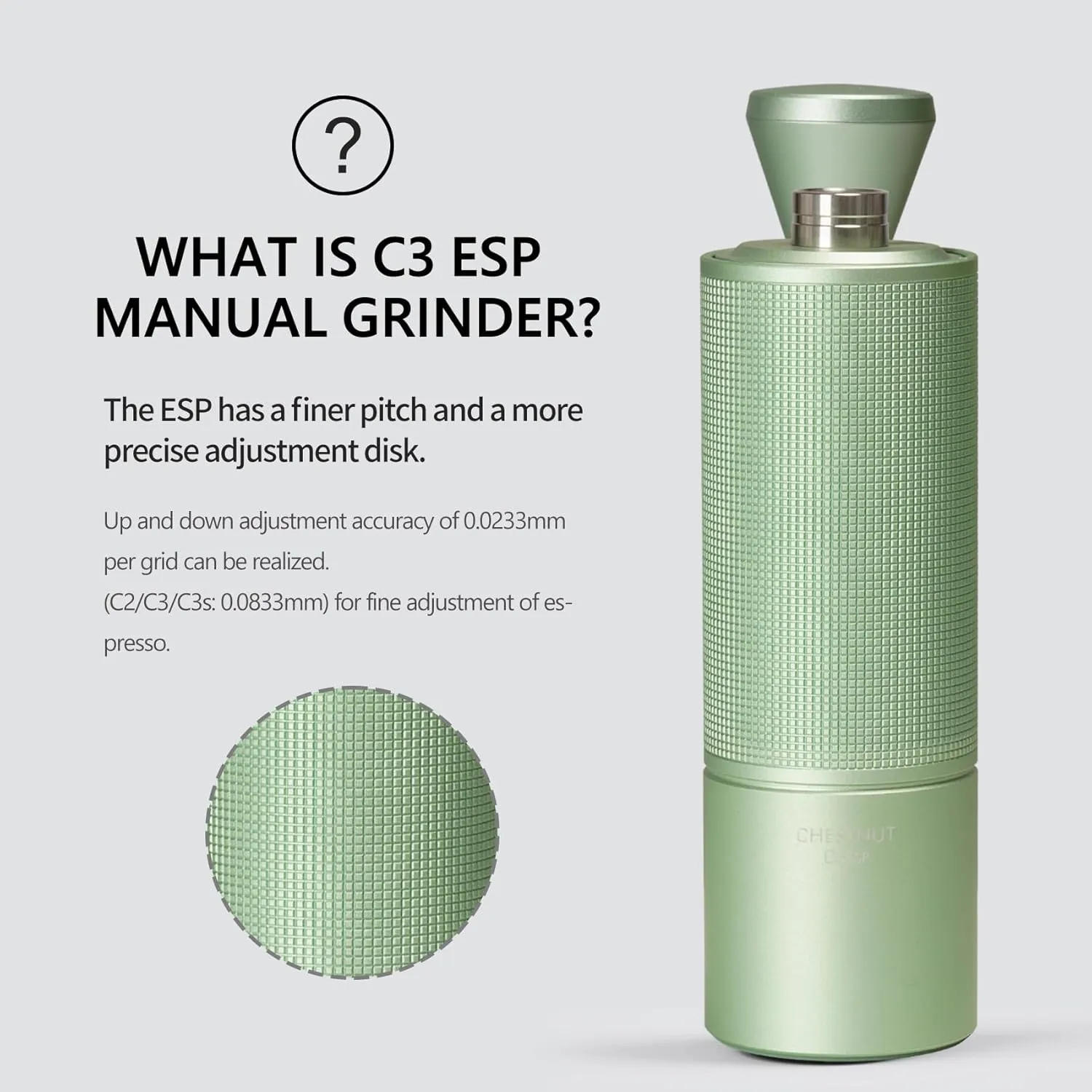 TIMEMORE Manual Coffee Hand Grinder Chestnut C3 ESP Green Capacity 25g with CNC Stainless Steel Conical Burr, Internal Adjustable Setting, Double Bearing Positioning for Travel, Camping