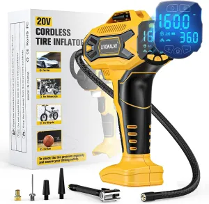 Tire Inflator Air Compressor Compatible with Dewalt 20V Max Battery, 160 PSI Cordless Portable Electric Air Pump 2025 Bigger LCD Digital Pressure Gauge for Car, Bike, Sport Ball (Battery Not Included)