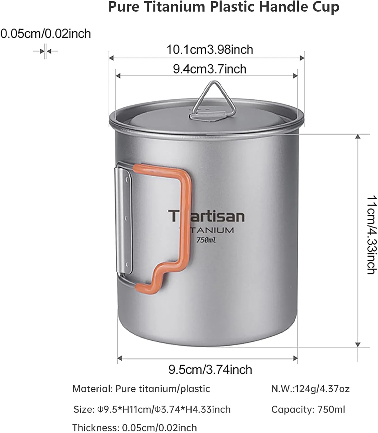 Titanium Cup Camping Pot Portable Ultralight Coffee Mug 450ML/750ML Water with Foldable Handles and Lid For Outdoor Camping Hiking Backpacking (750ML)