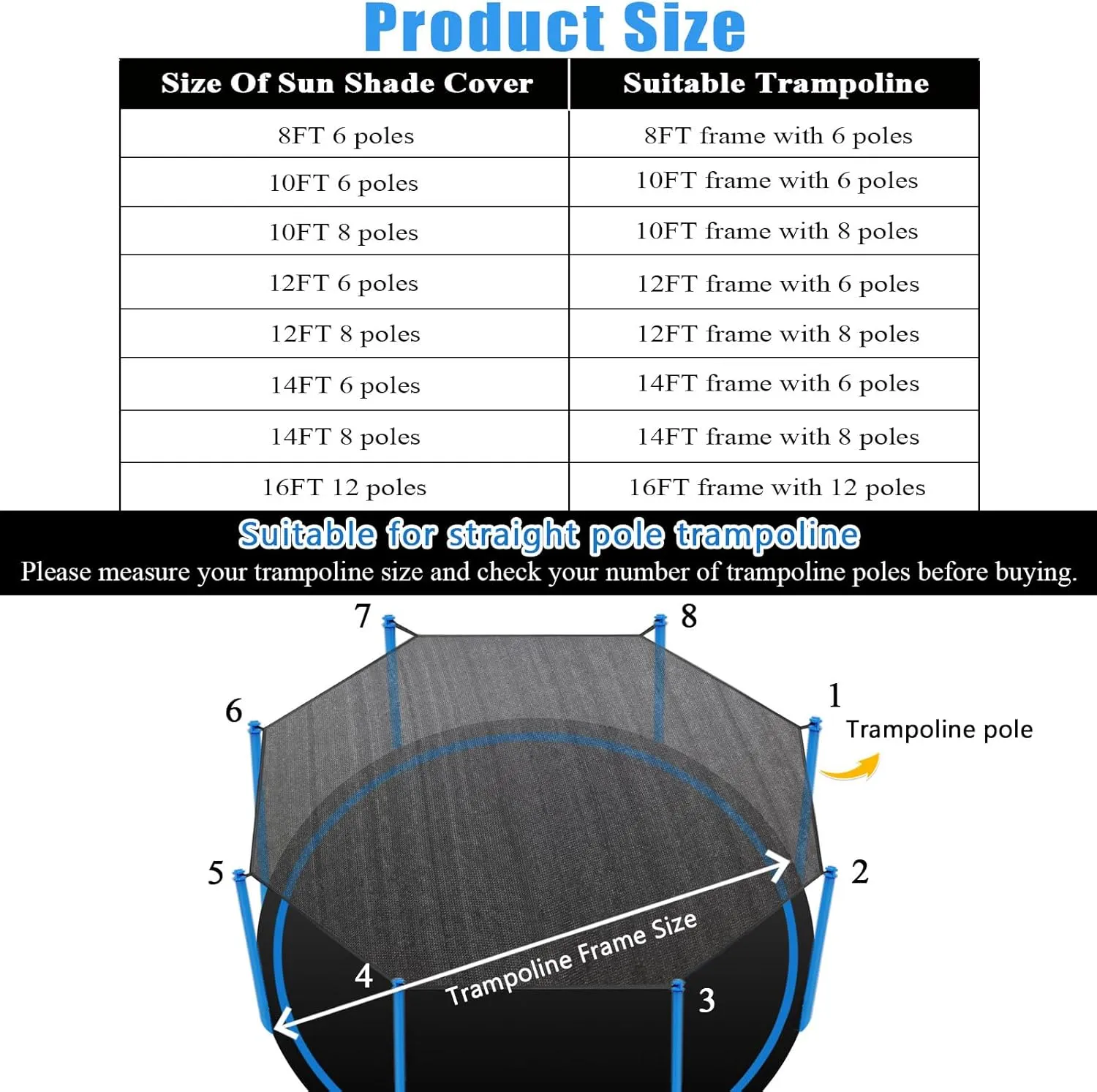 Trampoline Shade Cover, Trampoline Cover for 8FT 10FT 12FT 14FT 16FT Straight Pole Round Trampoline Sun Protection, Easy to Install,for Backyard Playground (12FT 8 Poles)