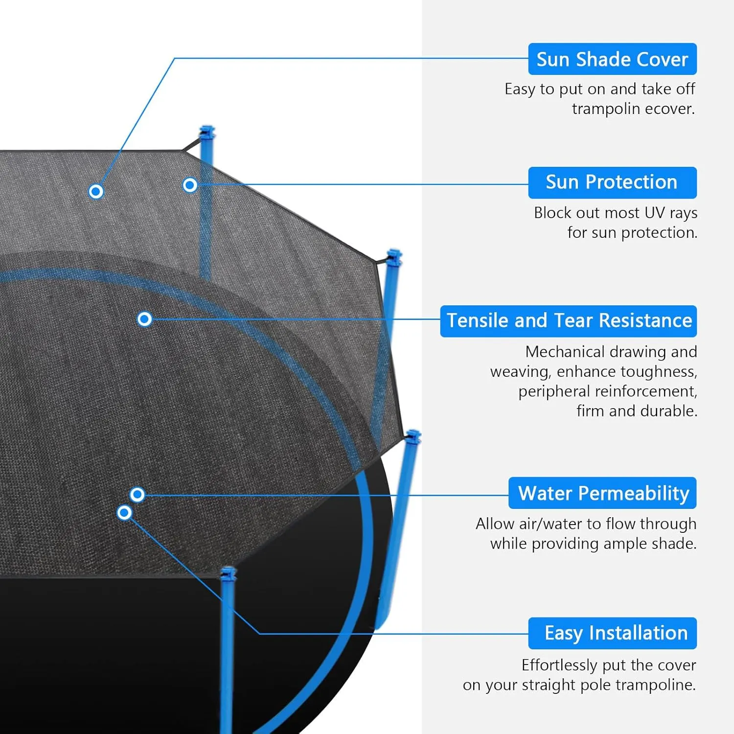 Trampoline Shade Cover, Trampoline Cover for 8FT 10FT 12FT 14FT 16FT Straight Pole Round Trampoline Sun Protection, Easy to Install,for Backyard Playground (12FT 8 Poles)