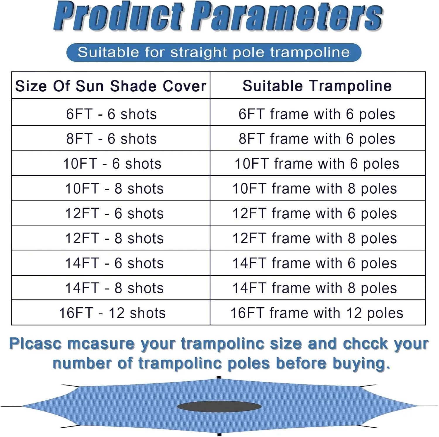 Trampoline Shade Cover - Trampoline Top Shade Canopy - UV & Leaves Resistant Trampoline Canopy Foldable Easy to Install for Outdoor Backyard Playground,10FT~8 Poles