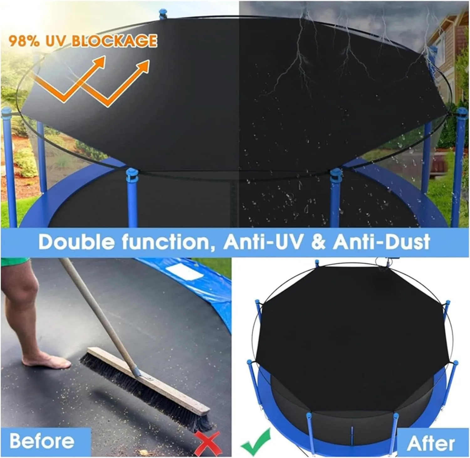Trampoline Sun Shade Cover, Trampoline Tent Cover Roof Sunshade UV Resistant, Sun-Protection Canopy Nylon Black Tearproof for Outdoor Backyard Playground, Easy to Install