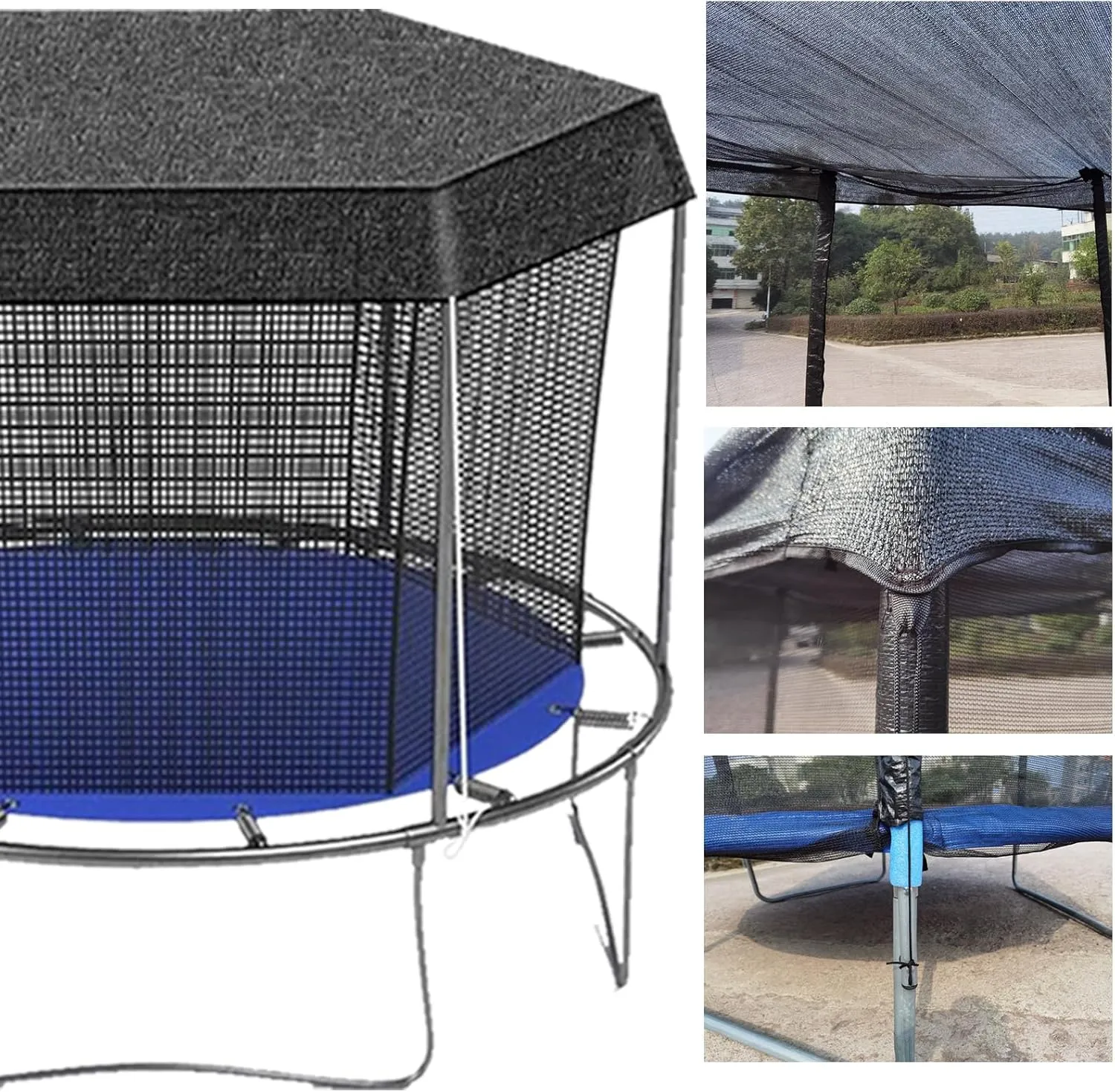 Trampoline Sunshade Cover for 6 Poles Trampolines Canopy, Insulation Sun Protection Shade Net, Easy to Install, Black