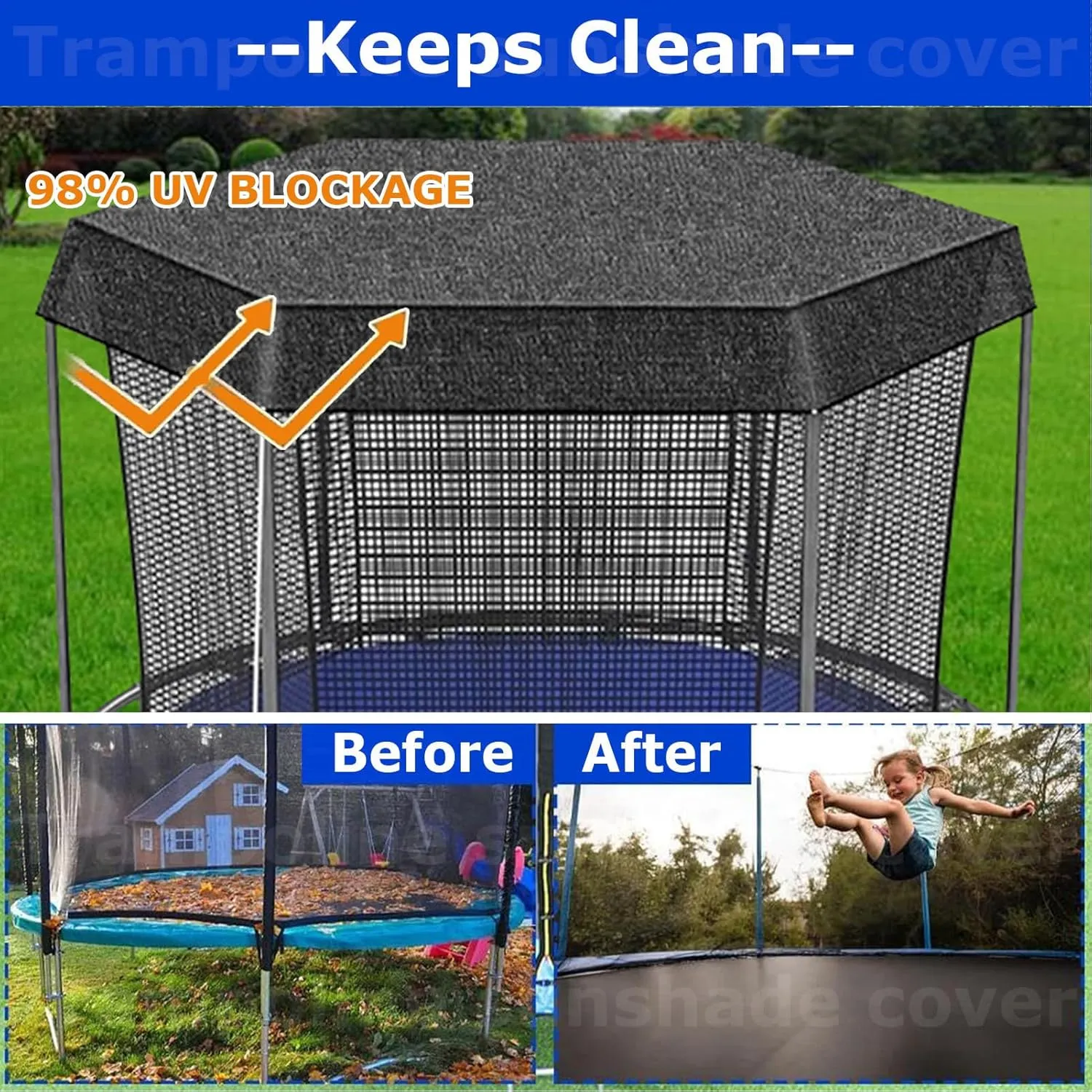 Trampoline Sunshade Cover for 6 Poles Trampolines Canopy, Insulation Sun Protection Shade Net, Easy to Install, Black