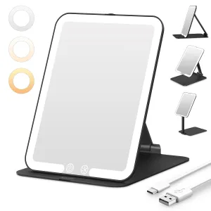 Travel Makeup Mirror with 3 Dimmable Color Lights, Portable Foldable LED Lighted Travel Makeup Mirror, Rechargeable Compact Vanity Mirror with Light, Adjustable Height and Angle for Desk, Black