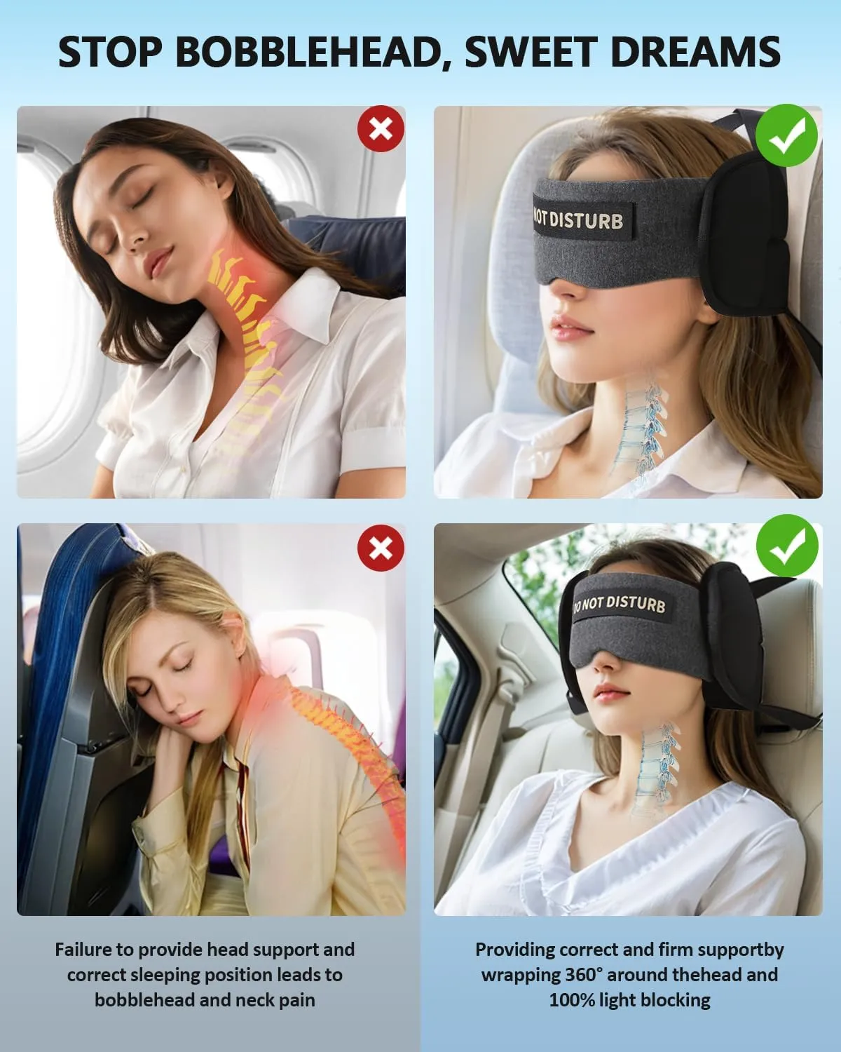 Travel Pillows for Airplanes, Plane Pillow with Eye Mask for Long Flights Sleeping, 360° Support Airplane Head Strap Compact Travel Essentials for Air Travel Sleep Neck Upright, Stop Bobblehead (Grey)