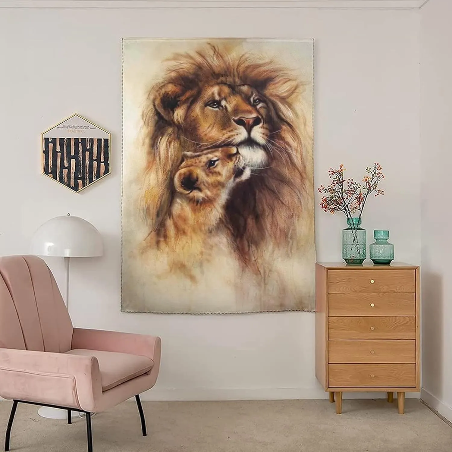 Travel Windows Blackout Curtain, Lion Decor Curtain Shades, Painting of Lion and Her Baby Cub Snuggle Safary Theme Print Adjustable Temporary Blackout Shades,24W x40L Inches, for Children Kids Bedroom