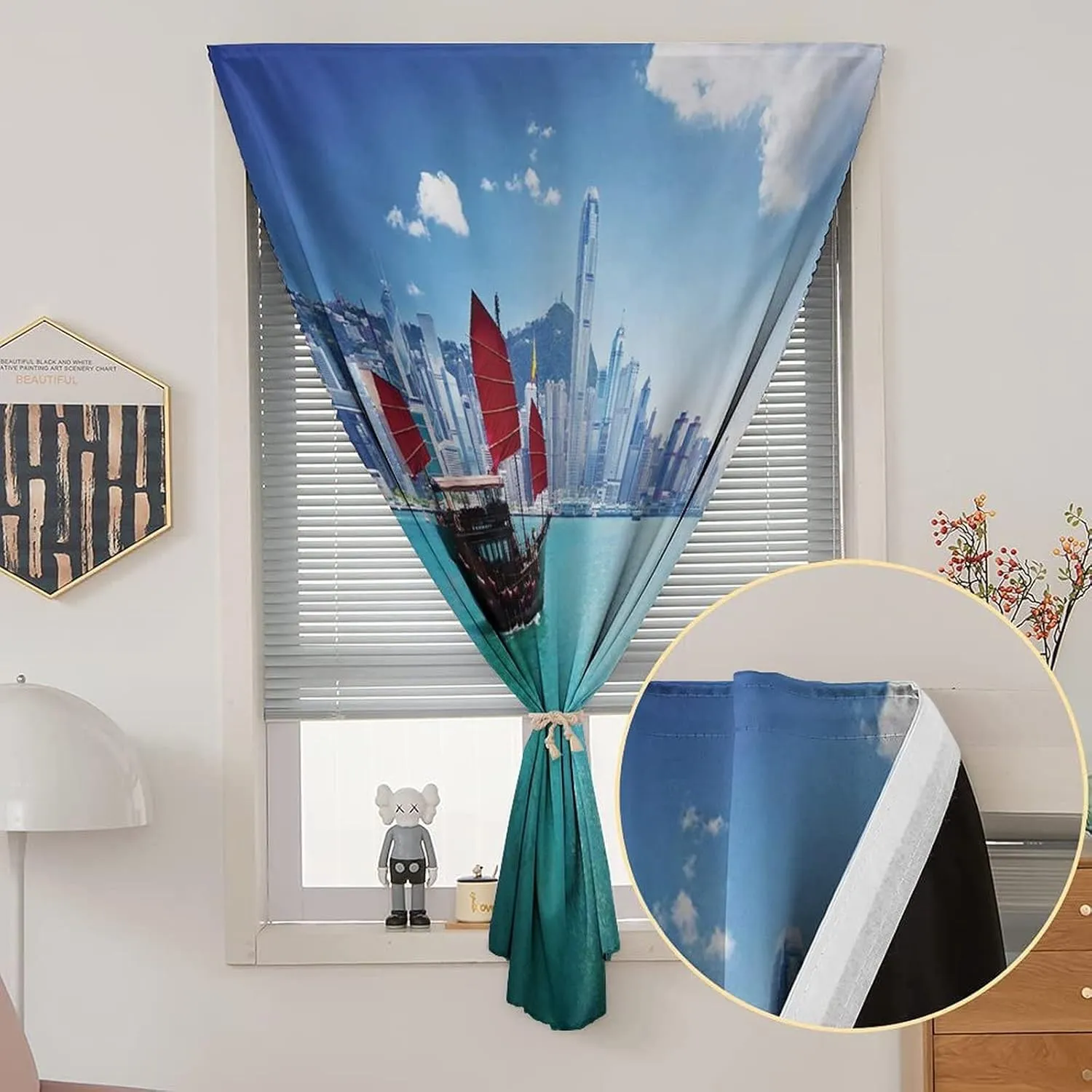 Travel Windows Blackout Curtain, Ocean Curtain Shades, Hong Kong Harbour Small Traditional Junk Boat Print Adjustable Temporary Blackout Shades,24W x40L Inches, for Kitchen Bathroom Living Room