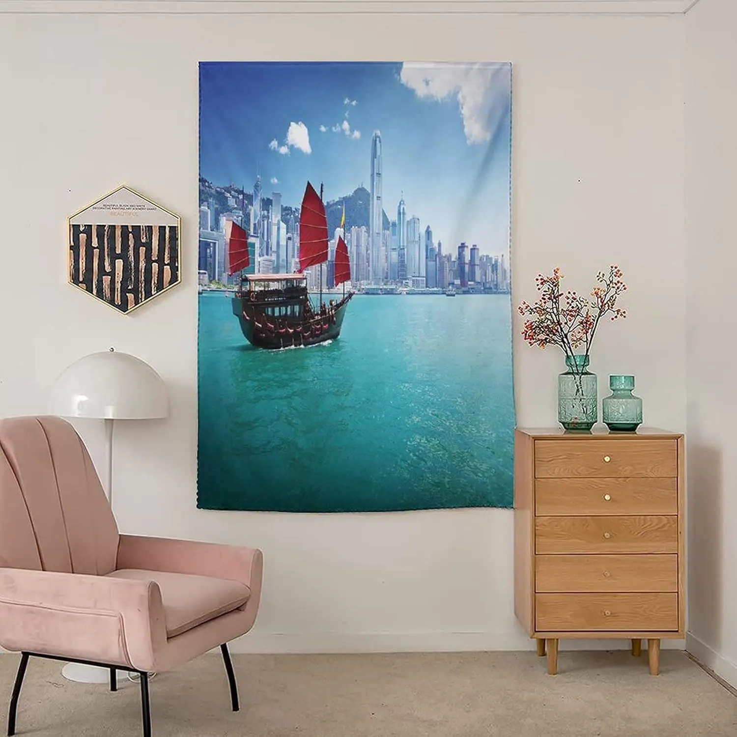 Travel Windows Blackout Curtain, Ocean Curtain Shades, Hong Kong Harbour Small Traditional Junk Boat Print Adjustable Temporary Blackout Shades,24W x40L Inches, for Kitchen Bathroom Living Room