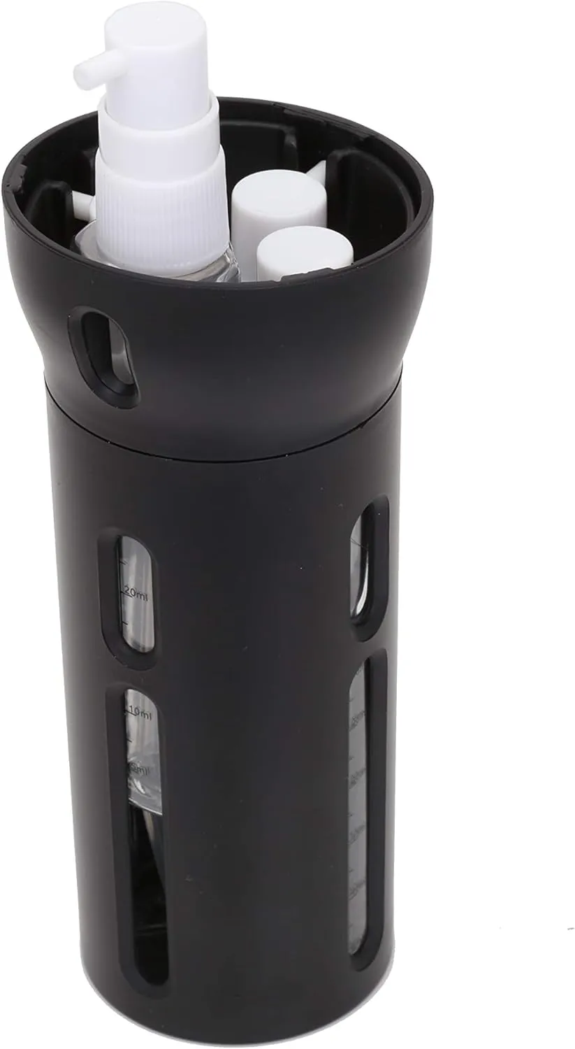 Travigo 4-in-1 Travel Bottle Dispenser, TSA Approved,Includes Four Empty Reusable 1.4 oz. (40 mL) Cosmetic Toiletry Containers for Sanitizer, Soap, Lotions, Skincare, Makeup Products (Black Pink)
